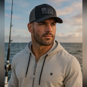 Columbia PFG Flexfit American Flag Fish Hat – Black/Grey – Size S/M